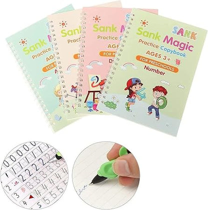 Magic Copybook for kids Sank Magic copy book Reusable Handwriting Tracing Practice kit Preschool Calligraphy Set included Easy Grip Pen & Refill 4 books Math Numbers English Alphabet Letter Drawing