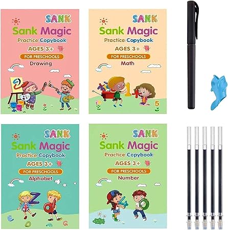 Magic Copybook for kids Sank Magic copy book Reusable Handwriting Tracing Practice kit Preschool Calligraphy Set included Easy Grip Pen & Refill 4 books Math Numbers English Alphabet Letter Drawing